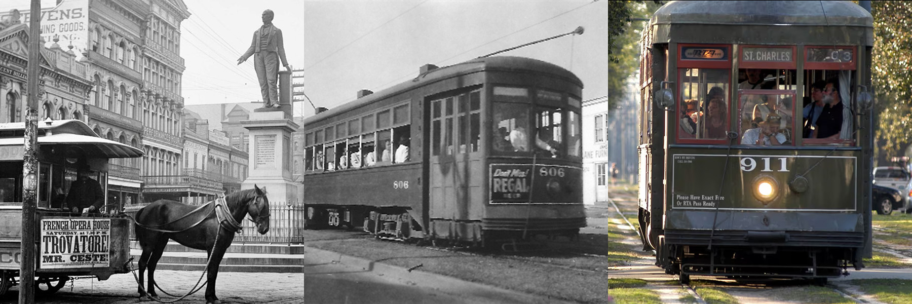 Images of streetcars over time, starting with a streetcar pulled by a mule.